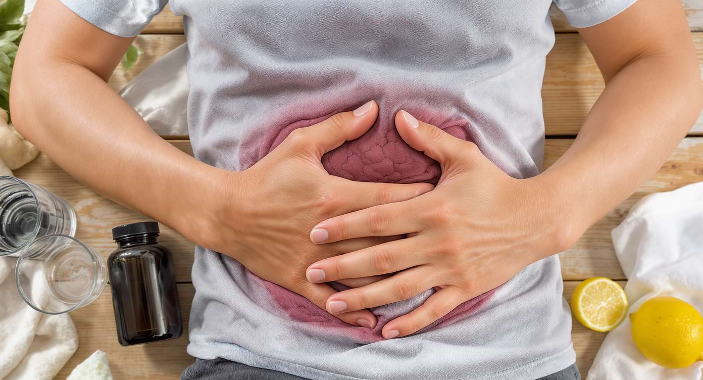 vinali-effets-secondaires-digestion Personne tenant son ventre avec un complément alimentaire à côté