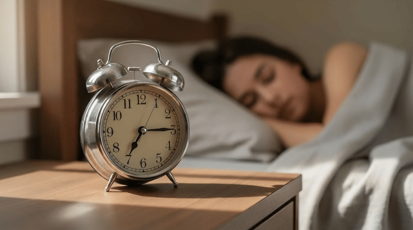 reveil-fin-cycle-sommeil-nuit-reparatrice. Réveil analogique posé sur une table de chevet au premier plan, avec une personne endormie à l’arrière-plan dans une chambre calme.