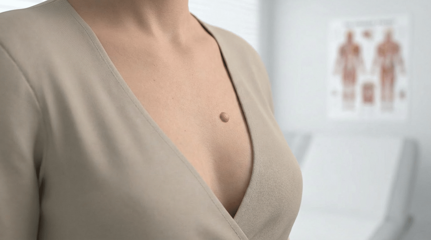 Bouton bénin sur le sein illustré de manière médicale et informative.