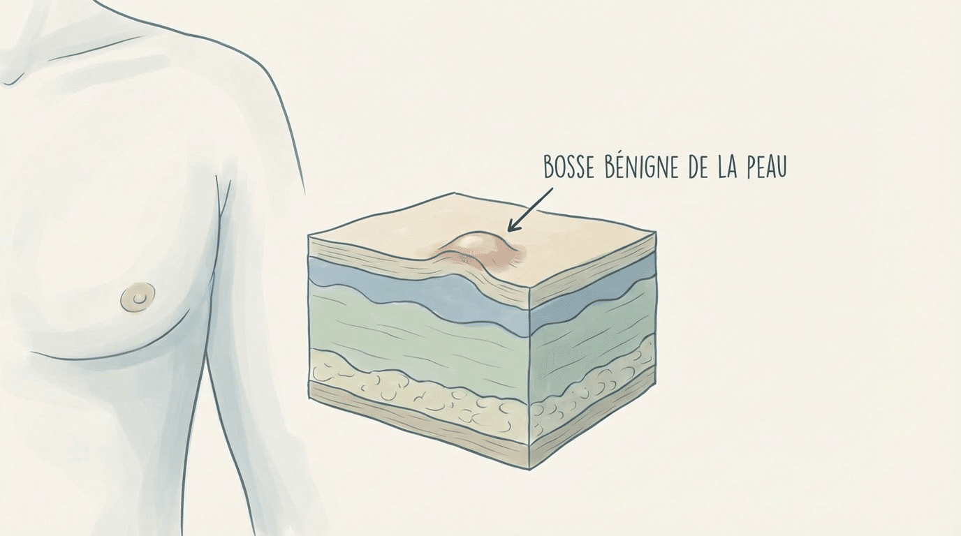 Schéma explicatif montrant une bosse bénigne de la peau au niveau du sein.