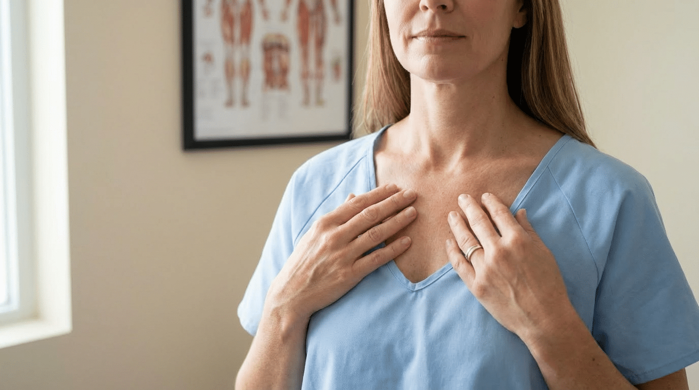 Femme observant et palpant la zone du sein dans un contexte de prévention santé.