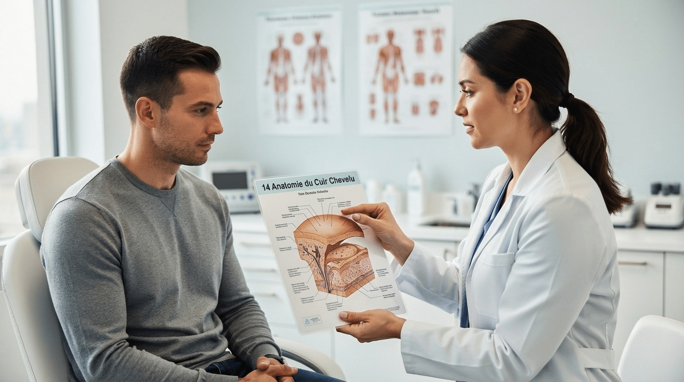 Consultation médicale où un professionnel explique l’anatomie du cuir chevelu à un homme concerné par la calvitie.