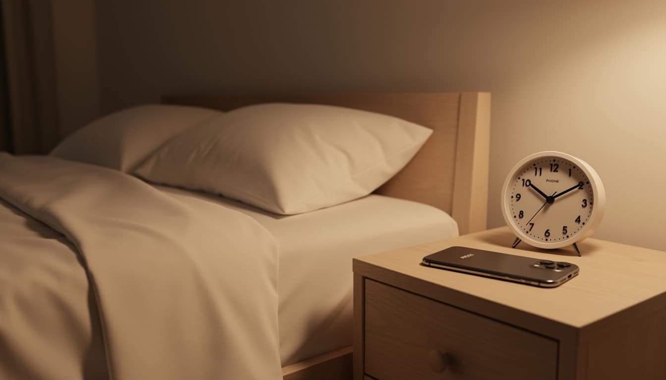 heure-ideale-coucher-cycle-sommeil Table de chevet avec réveil analogique et smartphone posé à côté d’un lit, éclairage tamisé évoquant l’heure du coucher.