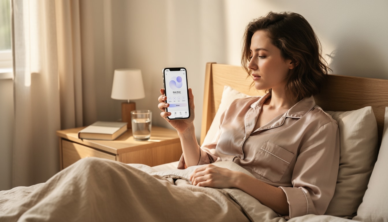 simulateur-sommeil-application-mobile-au-lit. Femme assise dans son lit utilisant une application mobile de suivi ou de calcul du sommeil, dans une chambre lumineuse et apaisante.
