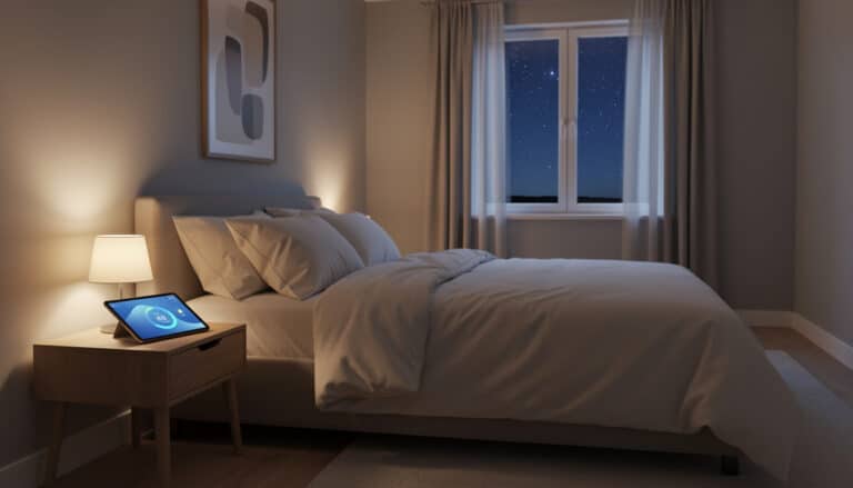 Chambre moderne et apaisante la nuit avec un lit éclairé doucement et une tablette affichant un simulateur de sommeil sur la table de chevet.