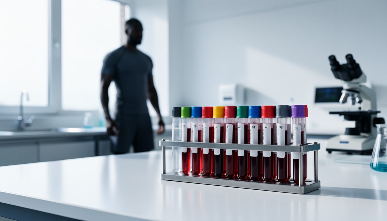 Éprouvettes de sang alignées dans un laboratoire, illustrant une analyse sanguine après un entraînement intense.