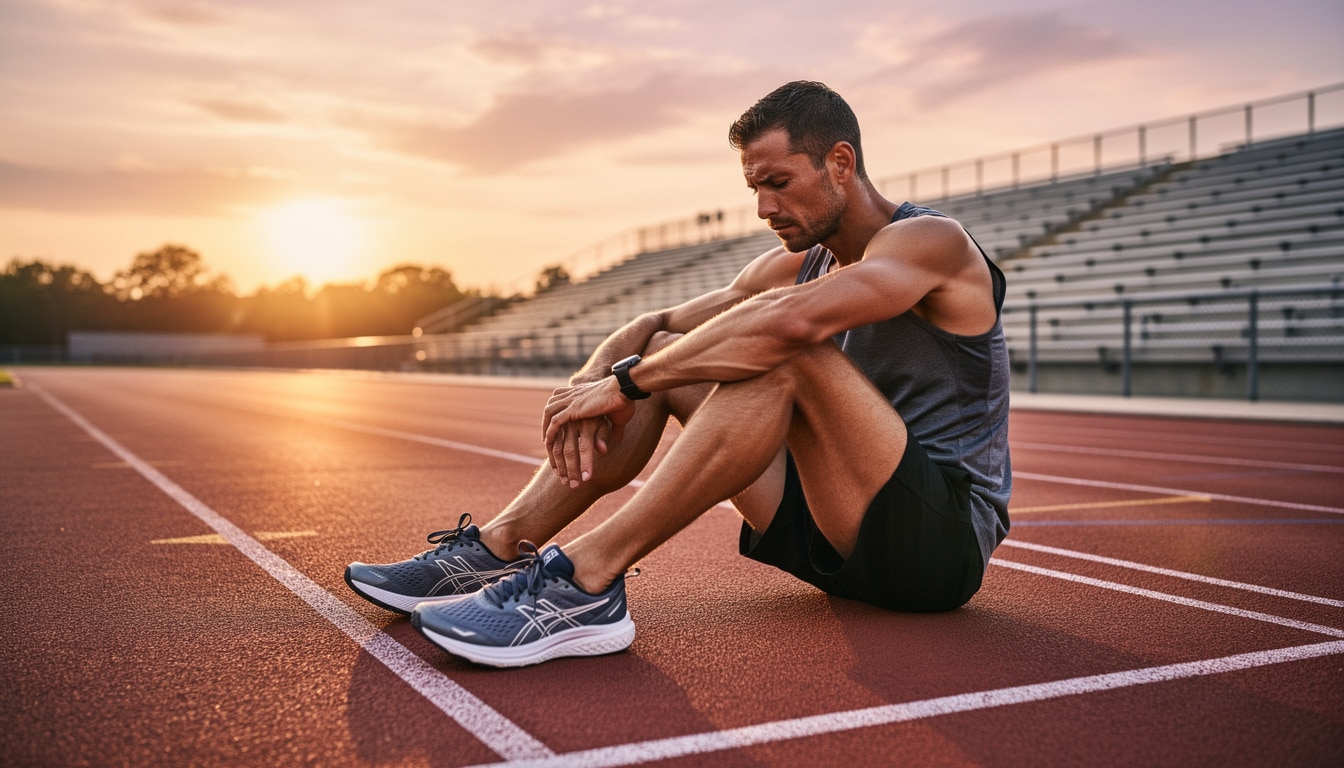 Sportif assis sur une piste d’athlétisme après un effort intense, illustrant la fatigue et la récupération musculaire.