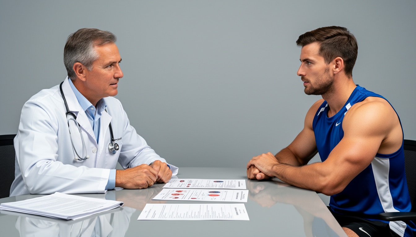 Médecin échangeant avec un sportif au sujet de résultats d’analyses sanguines après un entraînement intense.
