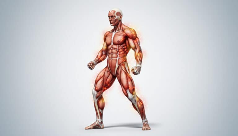 Illustration anatomique des muscles humains montrant les zones sollicitées et l’inflammation après un entraînement intense.