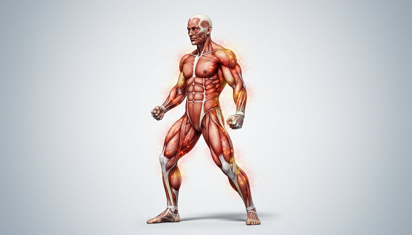 Illustration anatomique des muscles humains montrant les zones sollicitées et l’inflammation après un entraînement intense.