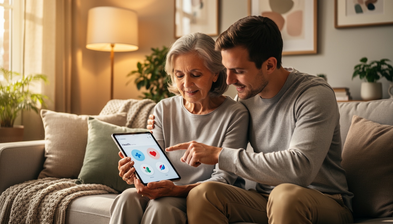 Senior accompagnée par un proche utilisant une tablette avec une application de santé connectée à domicile.