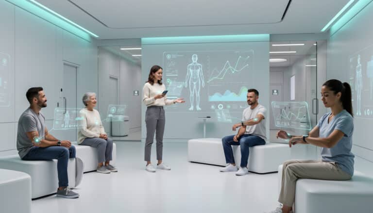 Groupe de patients de différents âges participant à un atelier de santé connectée avec objets connectés et visualisations de données médicales numériques.