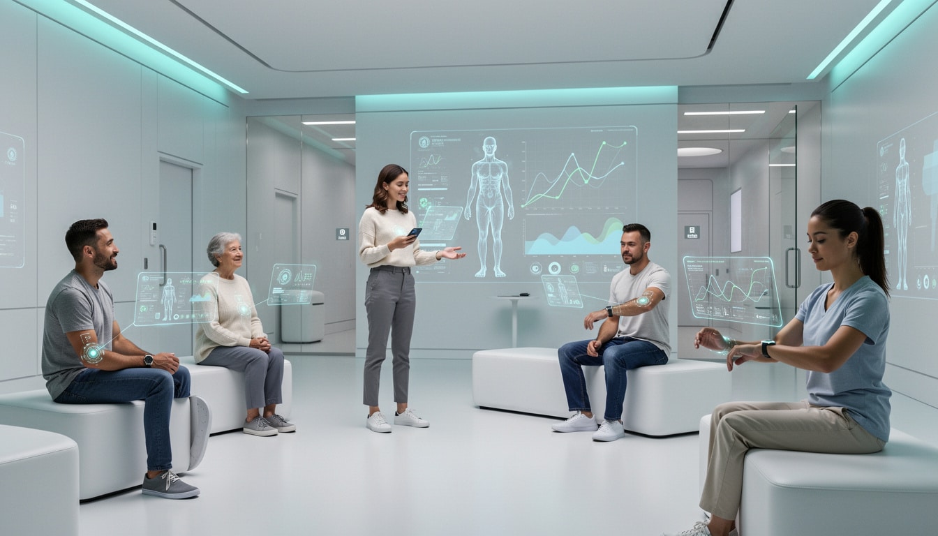 Groupe de patients de différents âges participant à un atelier de santé connectée avec objets connectés et visualisations de données médicales numériques.