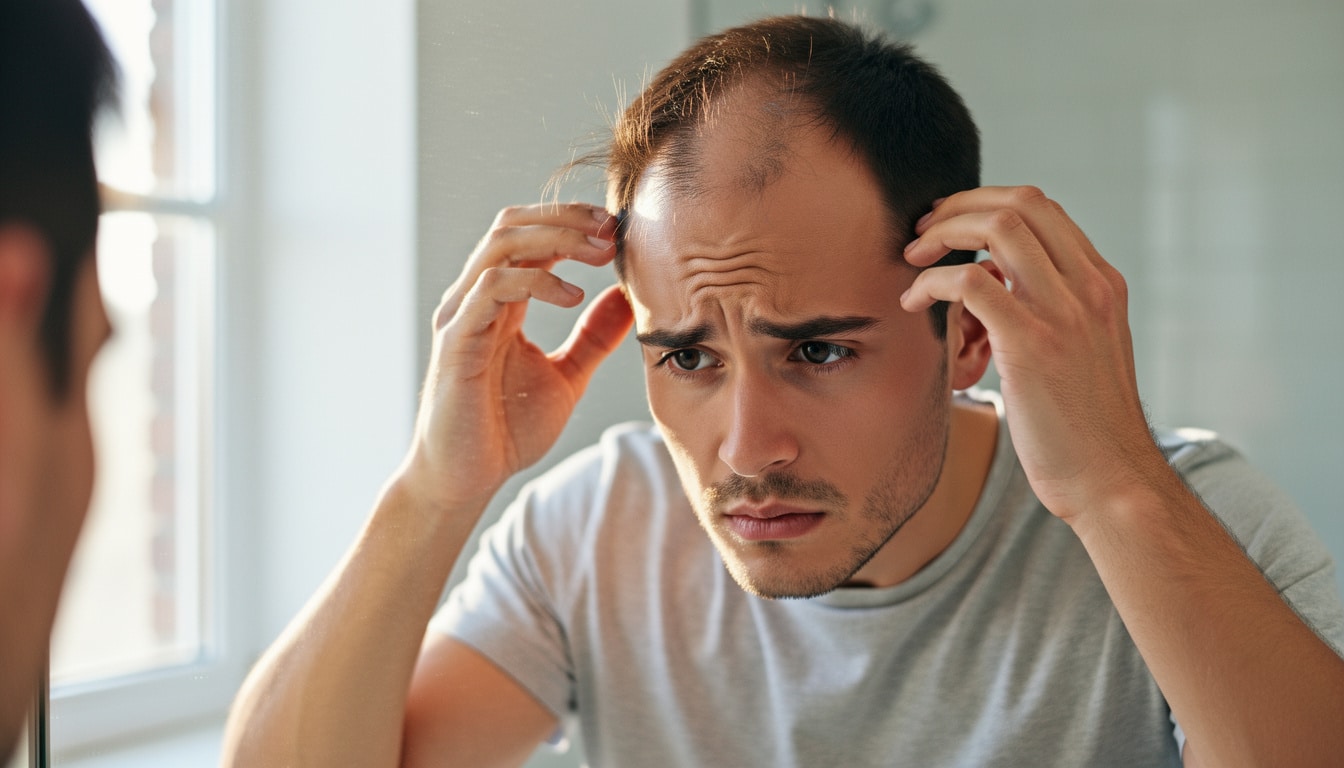 Homme préoccupé examinant une perte de cheveux au niveau des tempes, signe de calvitie androgénétique débutante.