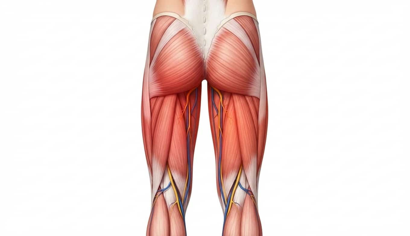 Vue anatomique de l’arrière de la cuisse montrant les muscles ischio-jambiers et le trajet du nerf sciatique.