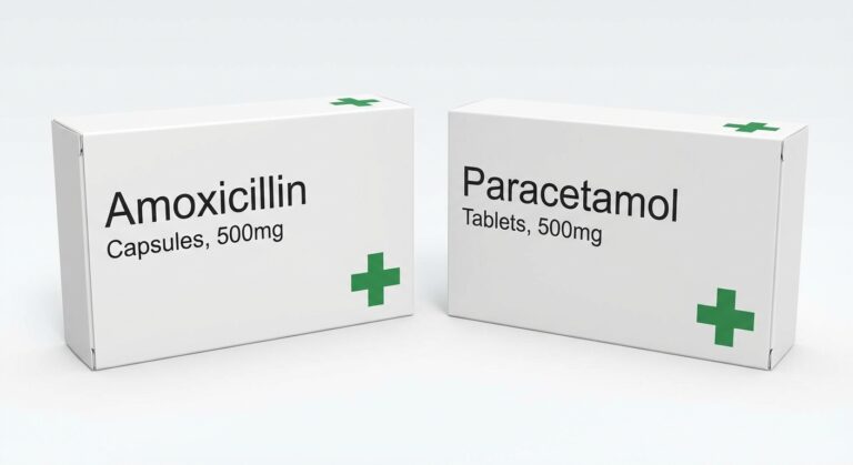 Association amoxicilline et paracétamol illustrée par deux boîtes de médicaments sur fond médical neutre.