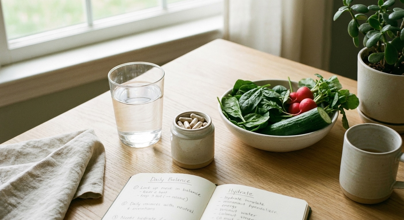 indiva-system-routine-quotidienne-complement-alimentaire. Gélules de complément alimentaire intégrées dans une routine quotidienne avec verre d’eau, carnet et légumes frais sur une table en bois.