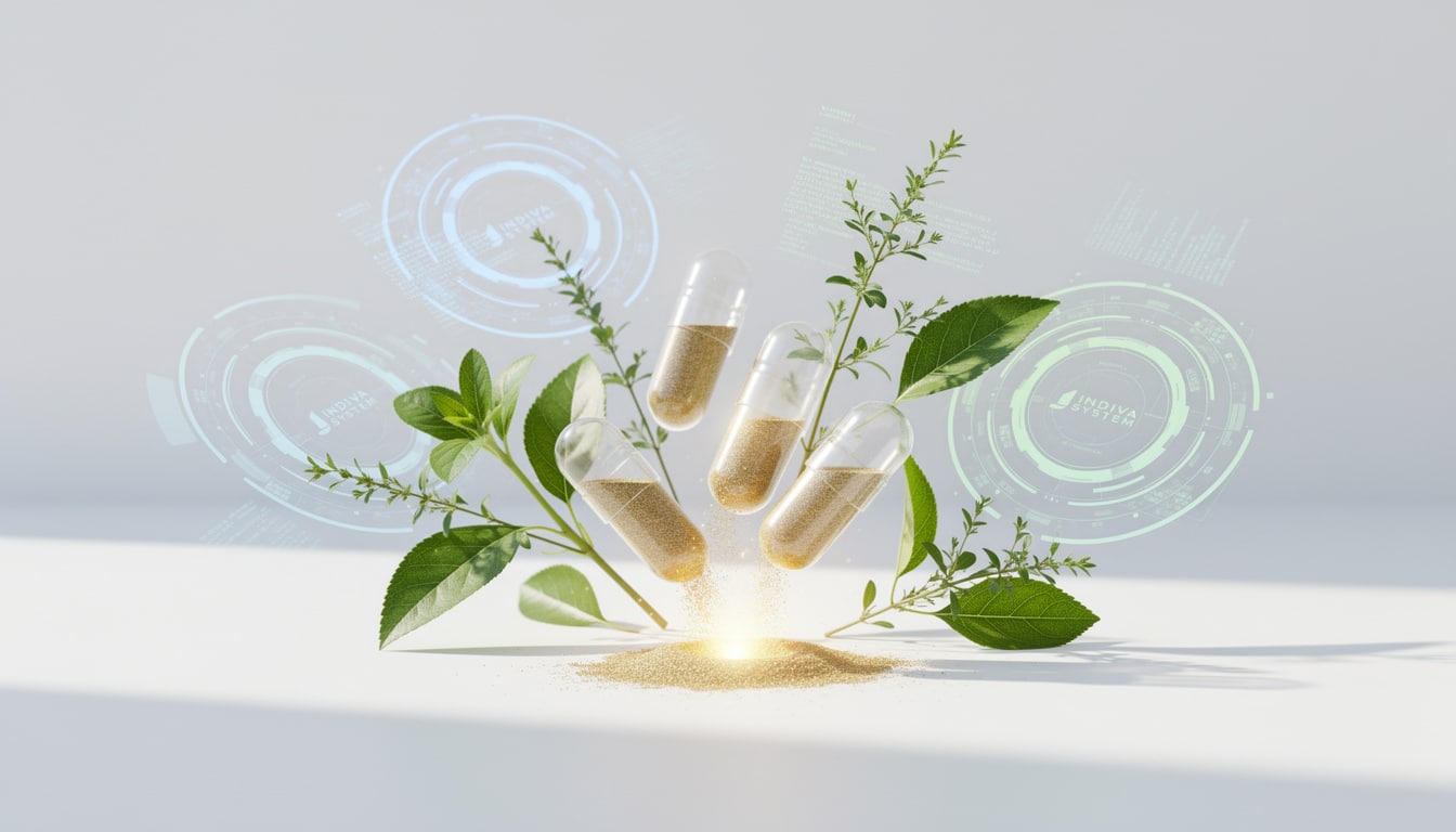 Gélules de complément alimentaire entourées de plantes et d’ingrédients naturels illustrant une approche innovante de la gestion du poids.