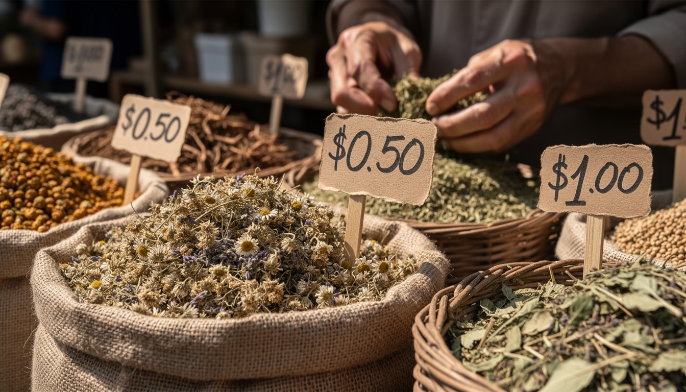 Sacs de plantes médicinales sèches vendues à très bas prix sur un marché, illustrant la pression économique du naturel low-cost.