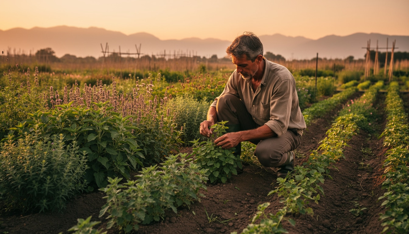 Producteur de plantes médicinales inspectant ses cultures en plein champ, illustrant le travail artisanal derrière le naturel de qualité.