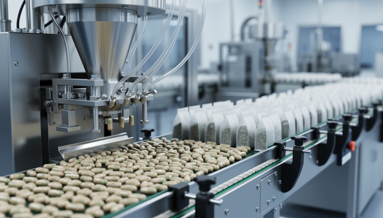 Ligne industrielle automatisée conditionnant des gélules de compléments alimentaires à base de plantes.