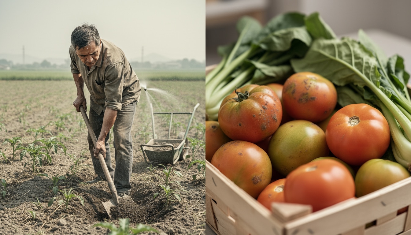 Producteur agricole travaillant la terre et légumes frais présentant des défauts visuels, illustrant les enjeux cachés du naturel low-cost.