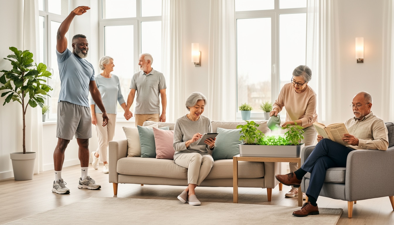 Groupe de seniors réalisant différentes activités de bien-être à domicile : exercices doux, jardinage, lecture et usage d’une tablette numérique.
