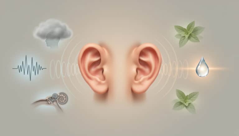 Illustration des oreilles qui sifflent montrant les acouphènes, le stress, le système auditif et des pistes naturelles d’apaisement
