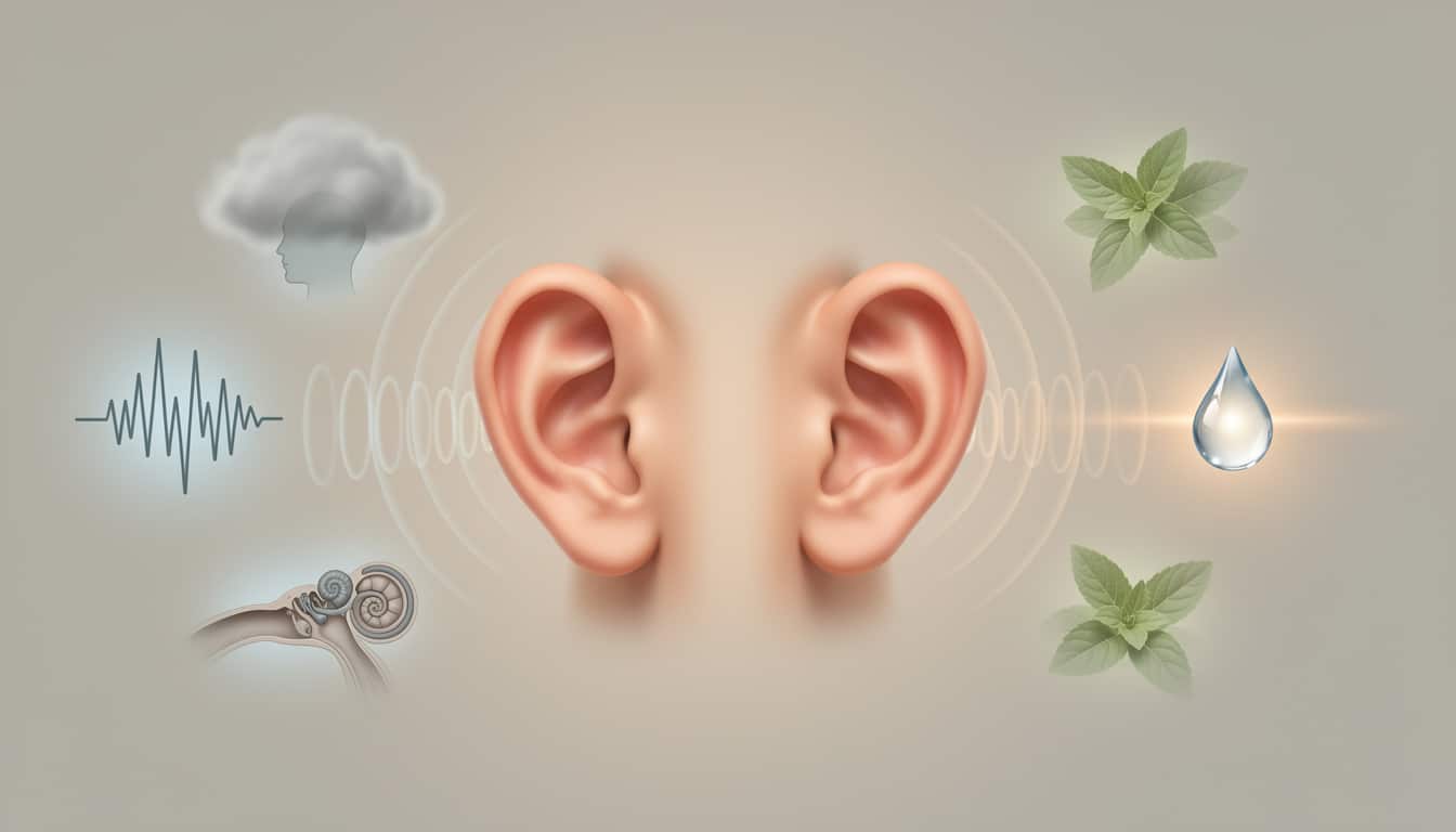 Illustration des oreilles qui sifflent montrant les acouphènes, le stress, le système auditif et des pistes naturelles d’apaisement