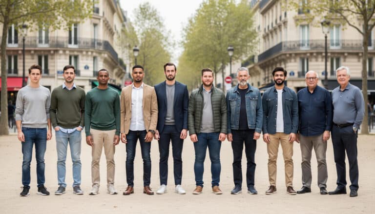 Groupe d’hommes de différentes générations et morphologies alignés dans une rue parisienne, illustrant la diversité des tailles masculines en France.