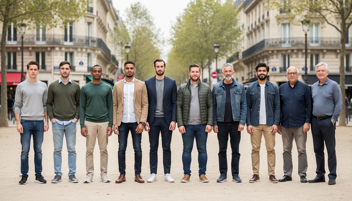 Groupe d’hommes de différentes générations et morphologies alignés dans une rue parisienne, illustrant la diversité des tailles masculines en France.