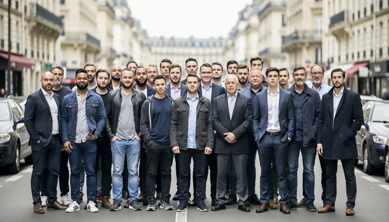 taille-moyenne-hommes-france-groupe-urbain. Groupe d’hommes adultes de différents âges et styles vestimentaires réunis dans une rue française, illustrant la diversité des tailles masculines.