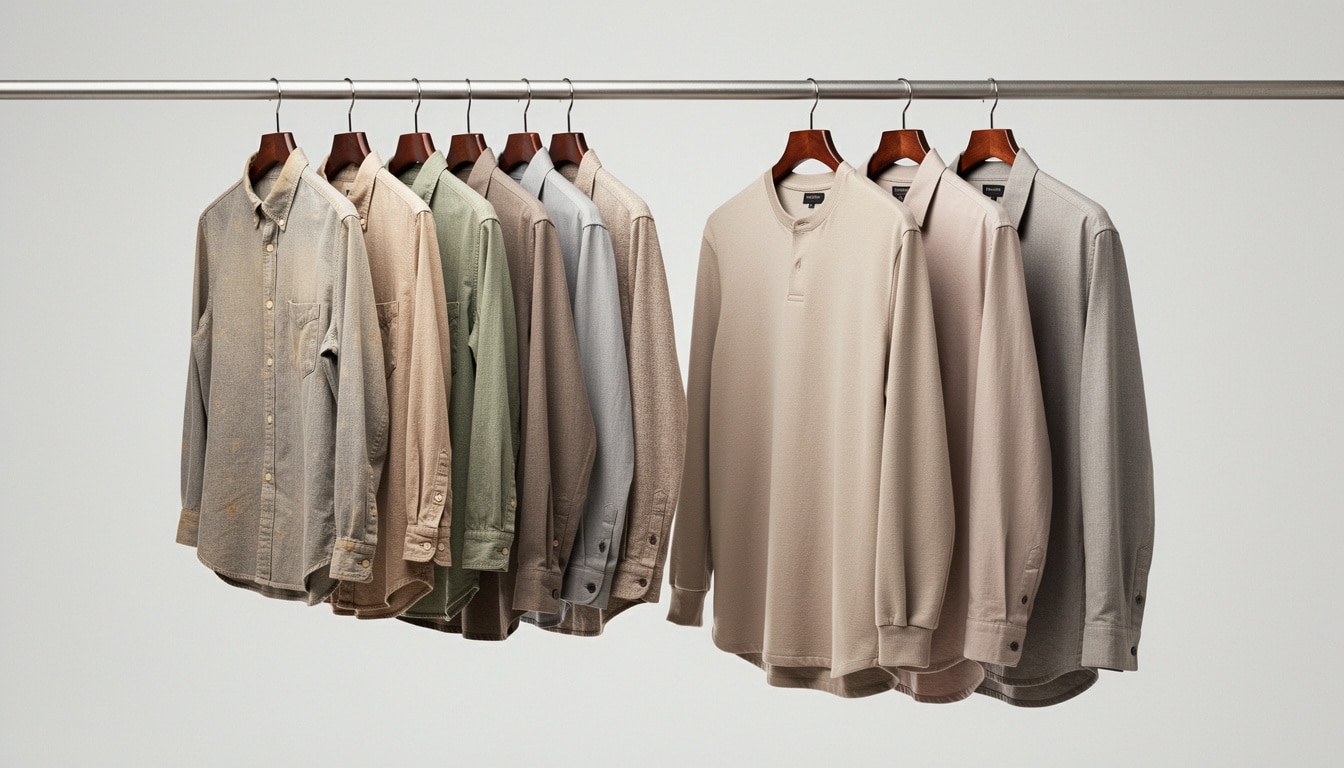 tailles-vetements-hommes-france-standards-actuels. Chemises et pulls pour hommes suspendus sur un portant, illustrant les différentes tailles et coupes vestimentaires masculines.