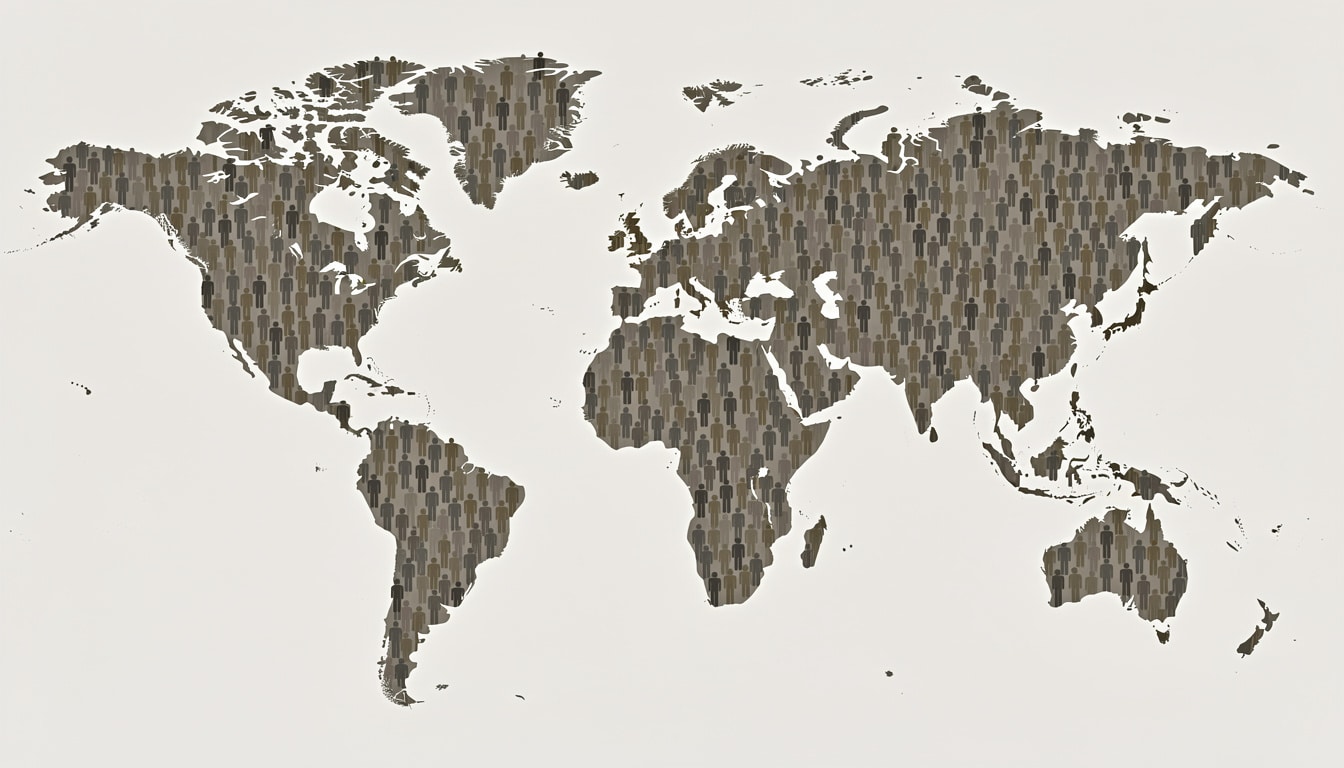 taille-moyenne-hommes-monde-comparaison-cartographie. Carte du monde stylisée composée de silhouettes humaines, illustrant les différences de tailles moyennes masculines selon les régions.
