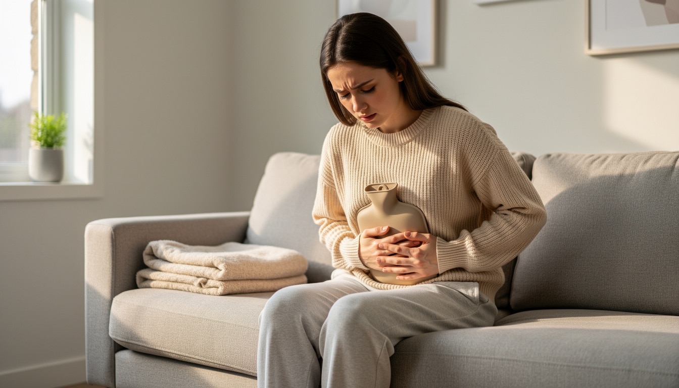 Femme assise sur un canapé tenant une bouillotte contre le bas-ventre pour soulager des douleurs menstruelles intenses.