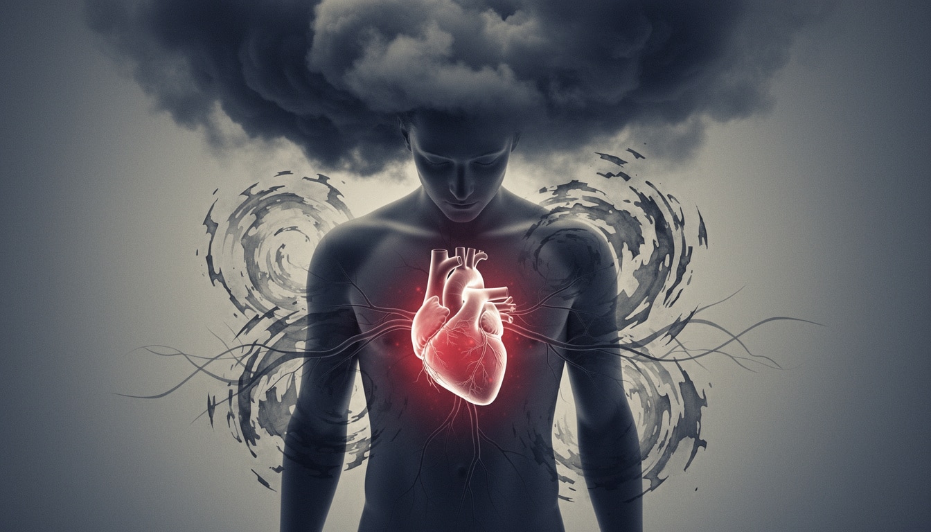Illustration symbolique d’une personne sombre avec un cœur lumineux au centre de la poitrine, représentant le stress et l’angoisse liés à un rêve de crise cardiaque.