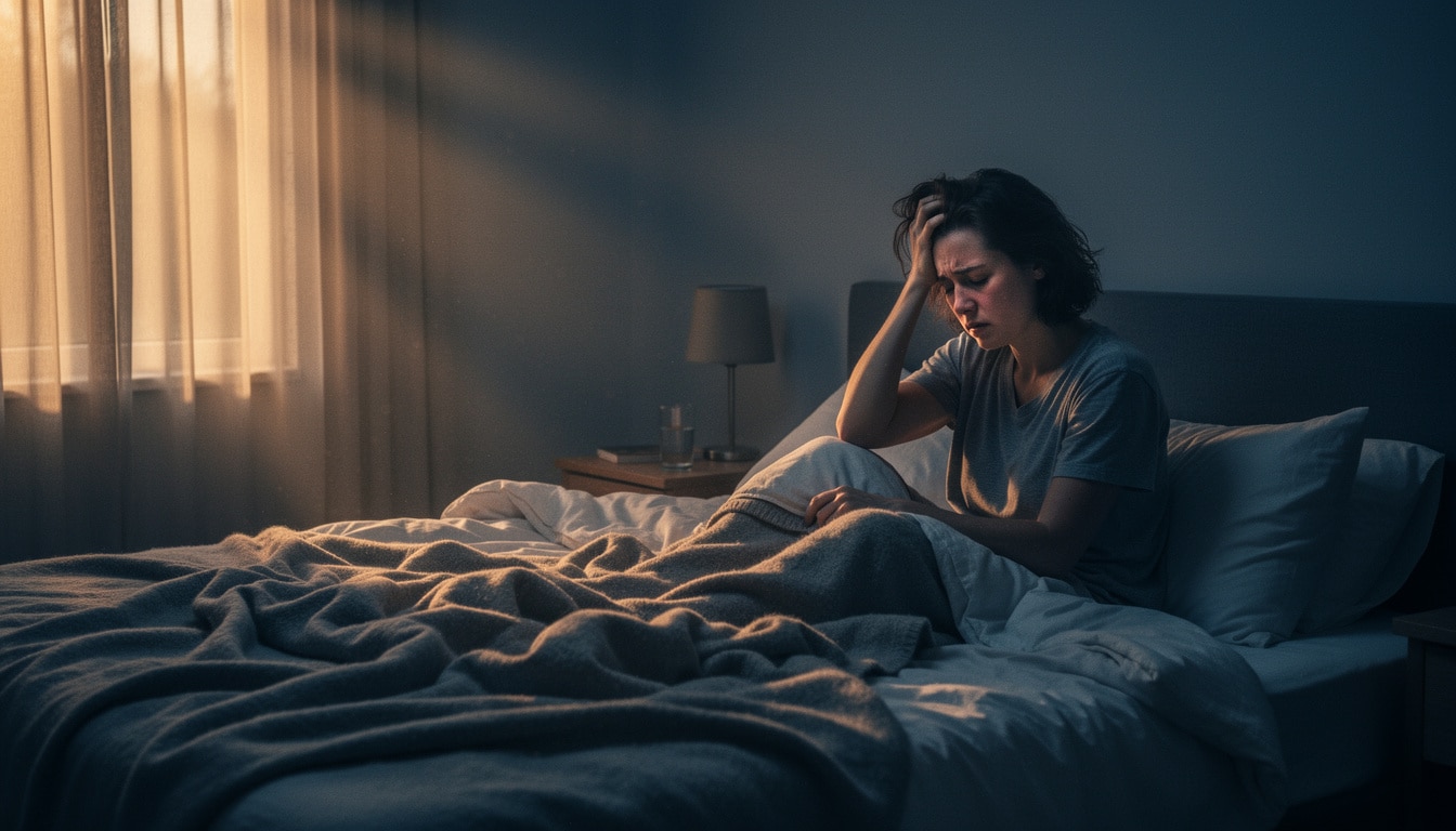 fatigue-matinale-femme-lit-sommeil-non-reparateur. Femme assise dans son lit au réveil, la main sur la tête, montrant une fatigue intense malgré une nuit de sommeil.