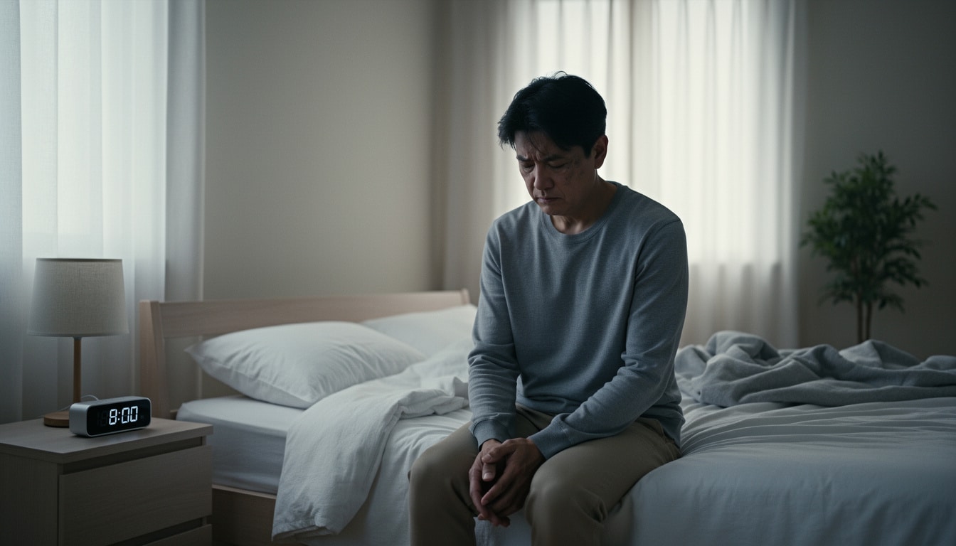 Homme assis sur son lit au réveil, visiblement fatigué malgré une nuit de sommeil, horloge indiquant 8h.