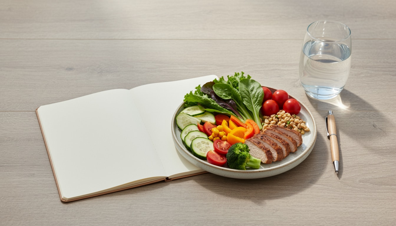 Assiette équilibrée avec légumes variés, viande grillée et carnet ouvert pour le suivi alimentaire.