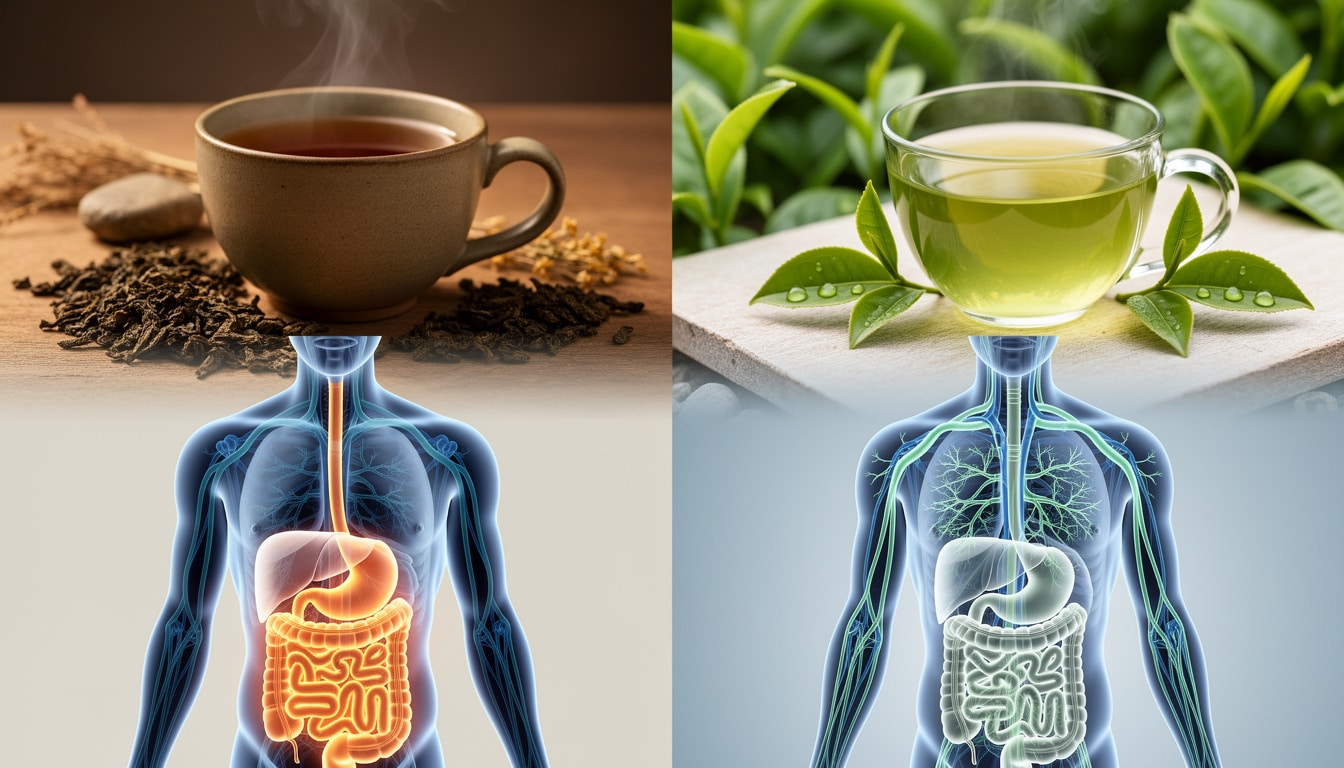 Comparaison visuelle entre thé fermenté et thé vert montrant leurs effets respectifs sur la digestion et le système nerveux.