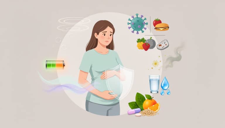 Illustration montrant une femme enceinte protégée par un bouclier symbolisant l’immunité, avec des icônes représentant hydratation, alimentation, infections et prévention santé.