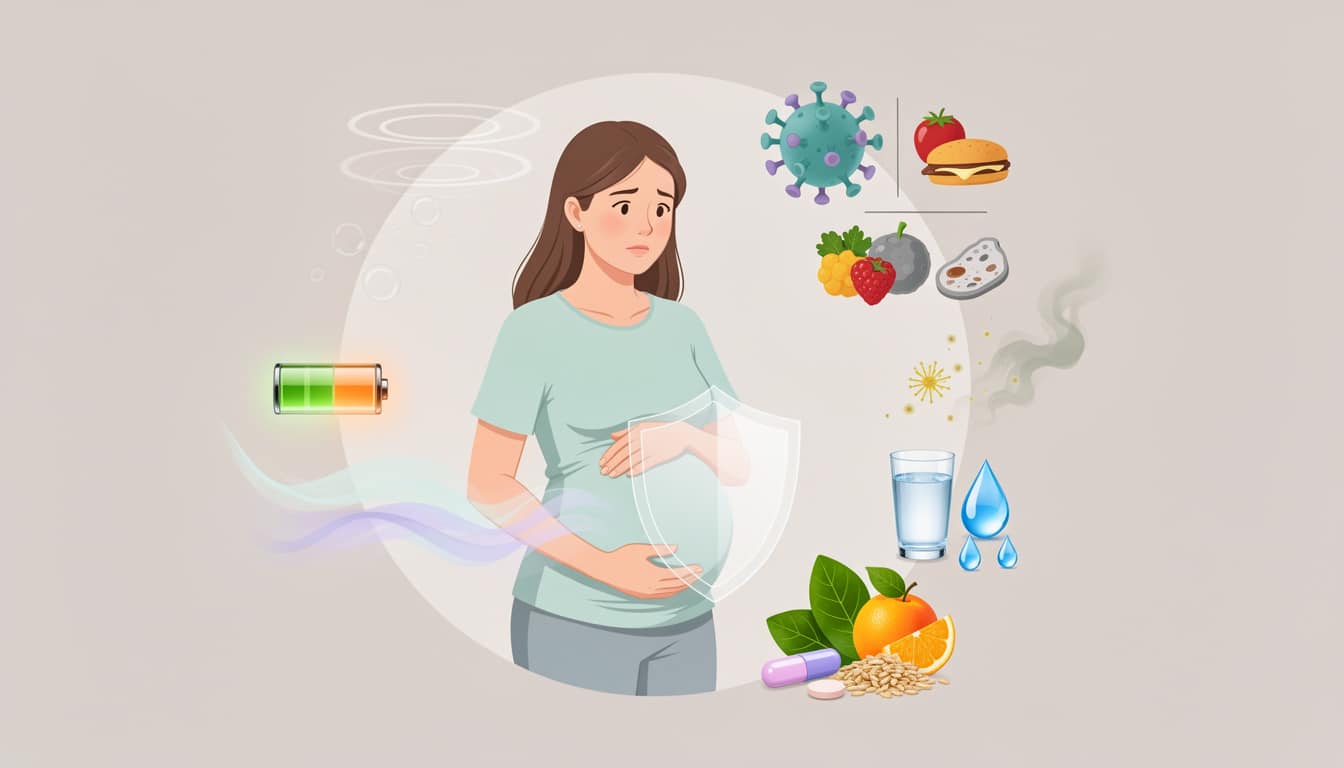 Illustration montrant une femme enceinte protégée par un bouclier symbolisant l’immunité, avec des icônes représentant hydratation, alimentation, infections et prévention santé.