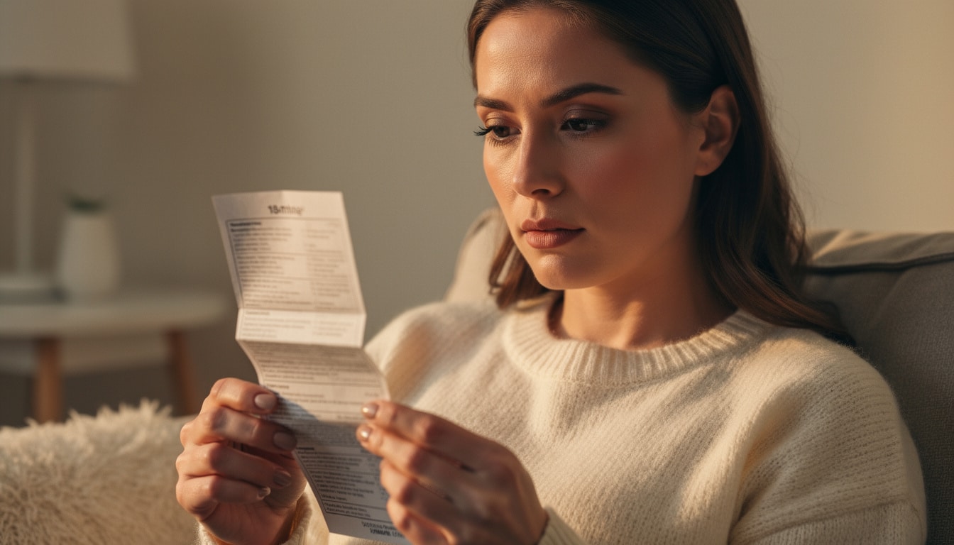 Femme lisant attentivement la notice d’une pilule contraceptive dans un intérieur calme.