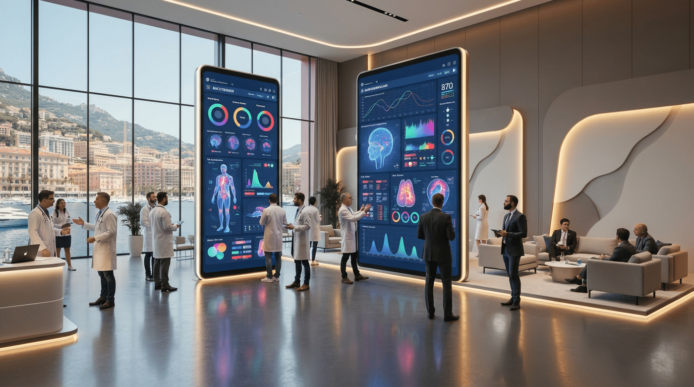 Professionnels de santé et experts en e-santé échangent devant de grands écrans interactifs présentant des données médicales numériques lors d’un congrès de santé connectée à Monaco.