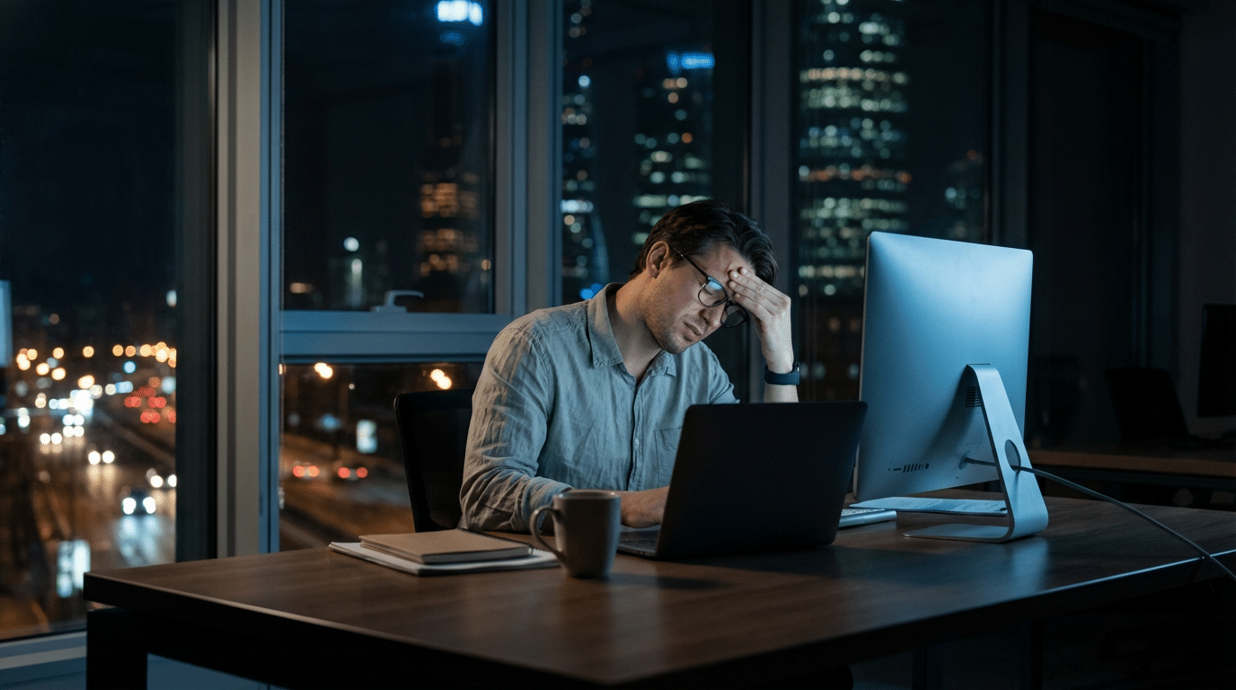 fatigue-mentale-travail-tard-ecrans-nuit. Homme travaillant tard devant un ordinateur près d’une fenêtre, main sur le front, montrant une fatigue mentale et une surcharge cognitive nocturne.