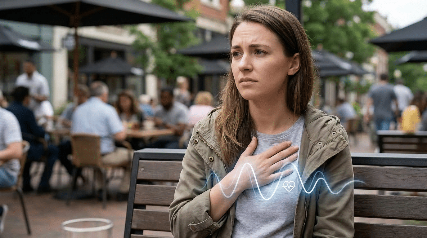 symptomes-maladie-bouveret-palpitations. Personne ressentant des palpitations soudaines lors d’une crise de maladie de Bouveret.