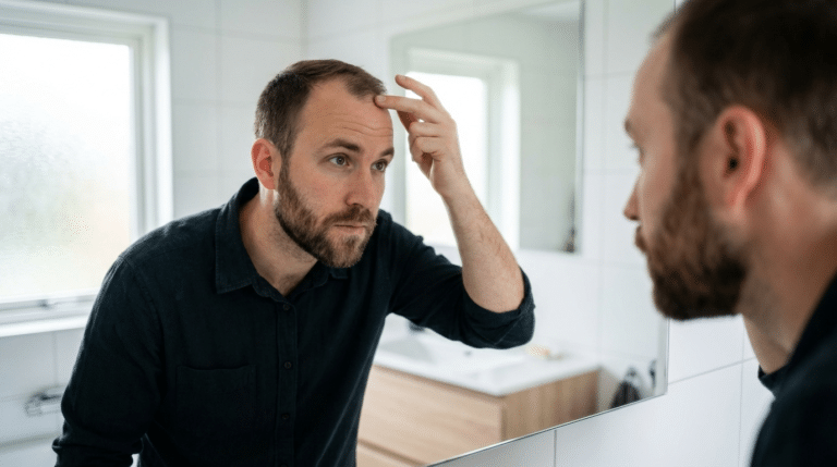 Homme observant le recul de sa ligne capillaire devant un miroir, illustrant une réflexion sur la calvitie masculine.