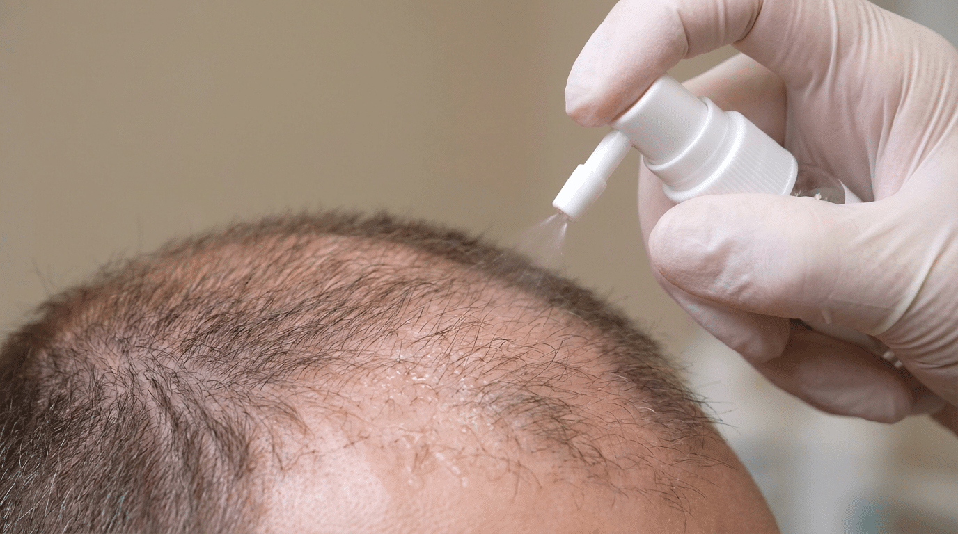 Application d’un spray capillaire sur le cuir chevelu clairsemé pour traiter la calvitie androgénétique.