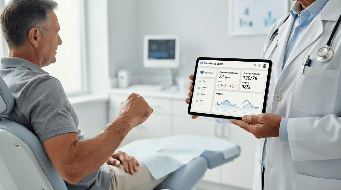 Médecin présentant sur une tablette des données de santé numériques à un patient lors d’une consultation médicale.
