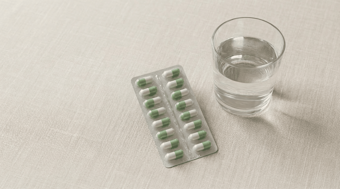 Boîte de médicament antalgique avec un verre d’eau, illustrant l’usage encadré de Lamaline.